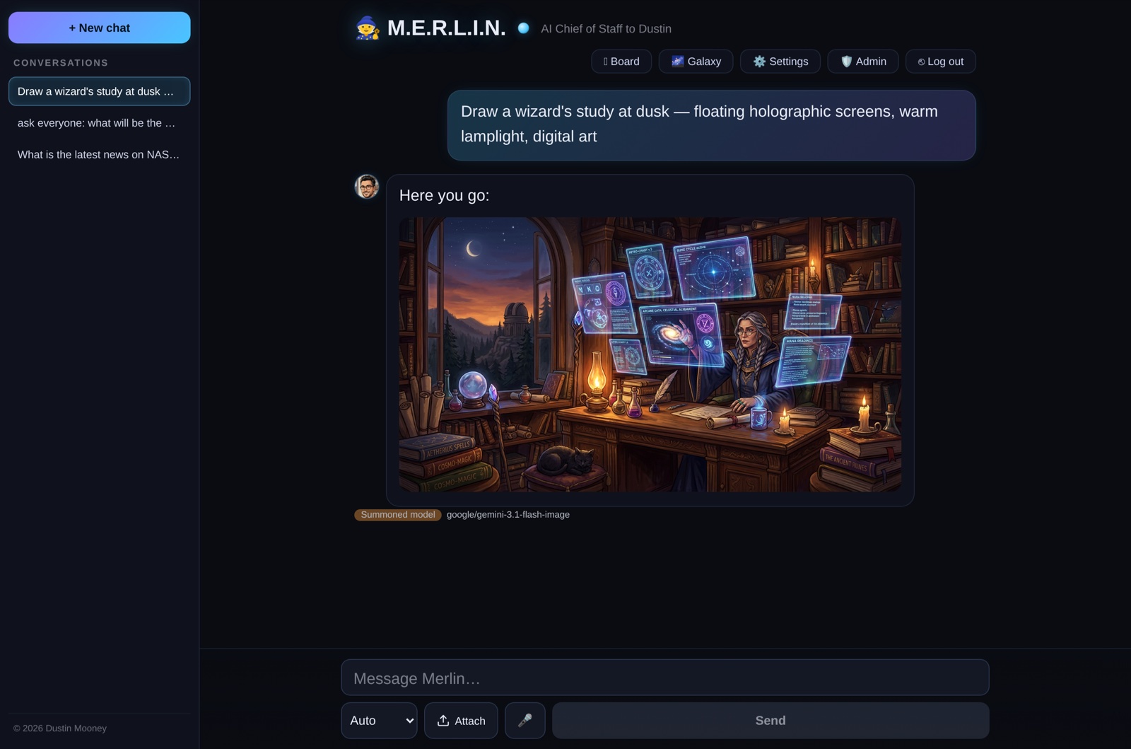 Merlin generating a digital artwork of a wizard's study with floating holographic screens, shown inline in the chat