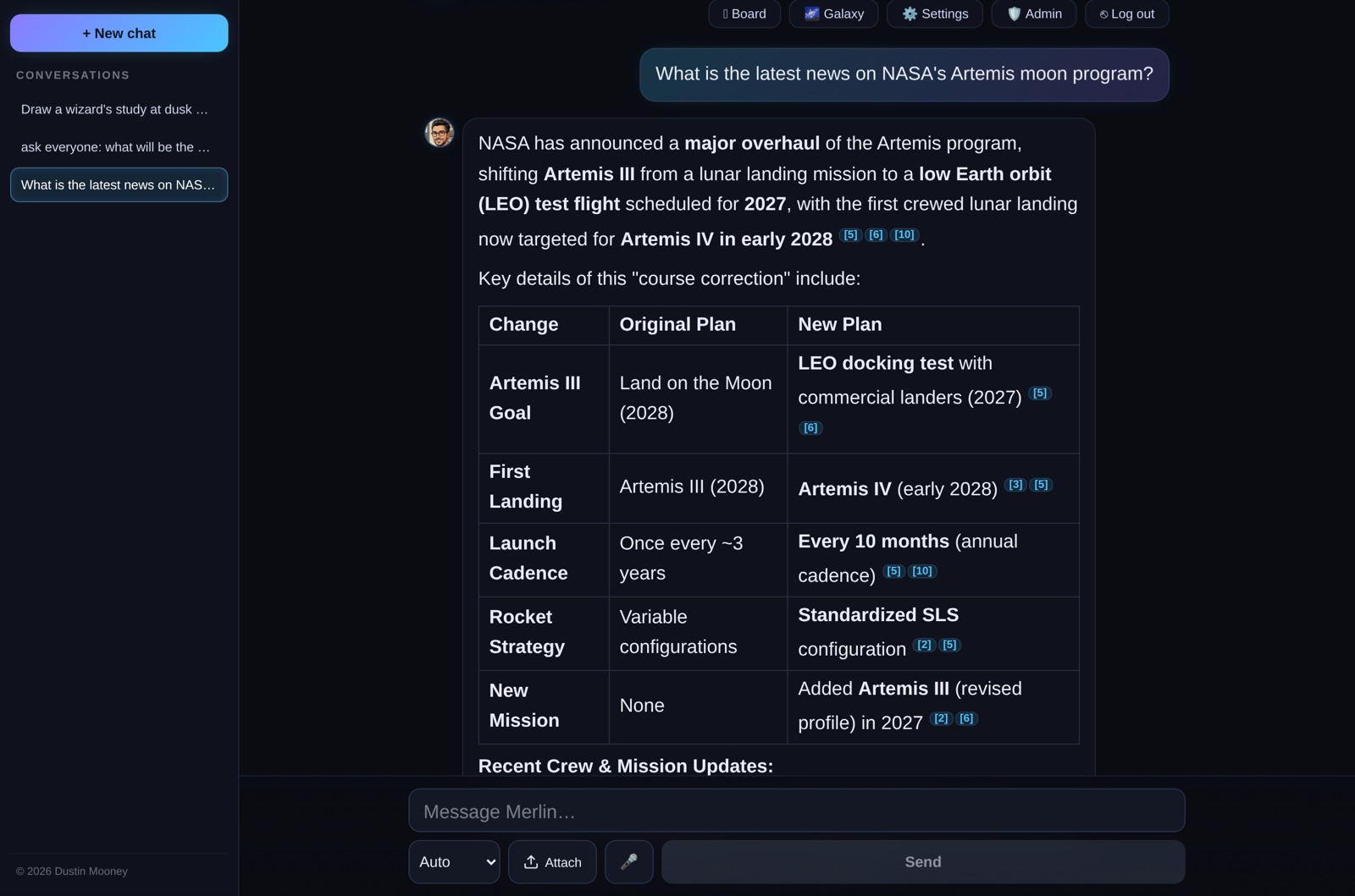 Merlin answering a live-news question about NASA's Artemis program with a comparison table and numbered source citations