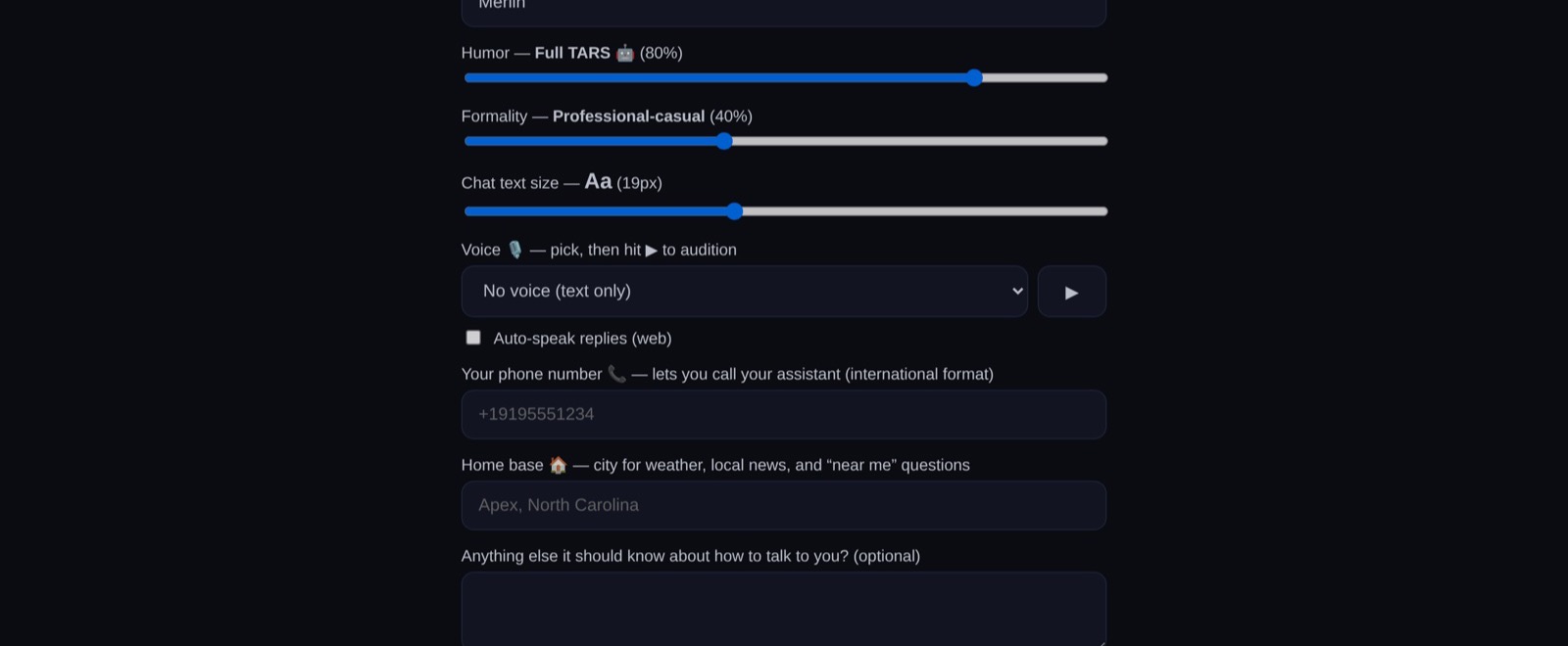 Merlin's per-user settings: assistant name, humor and formality dials, text size, and voice picker