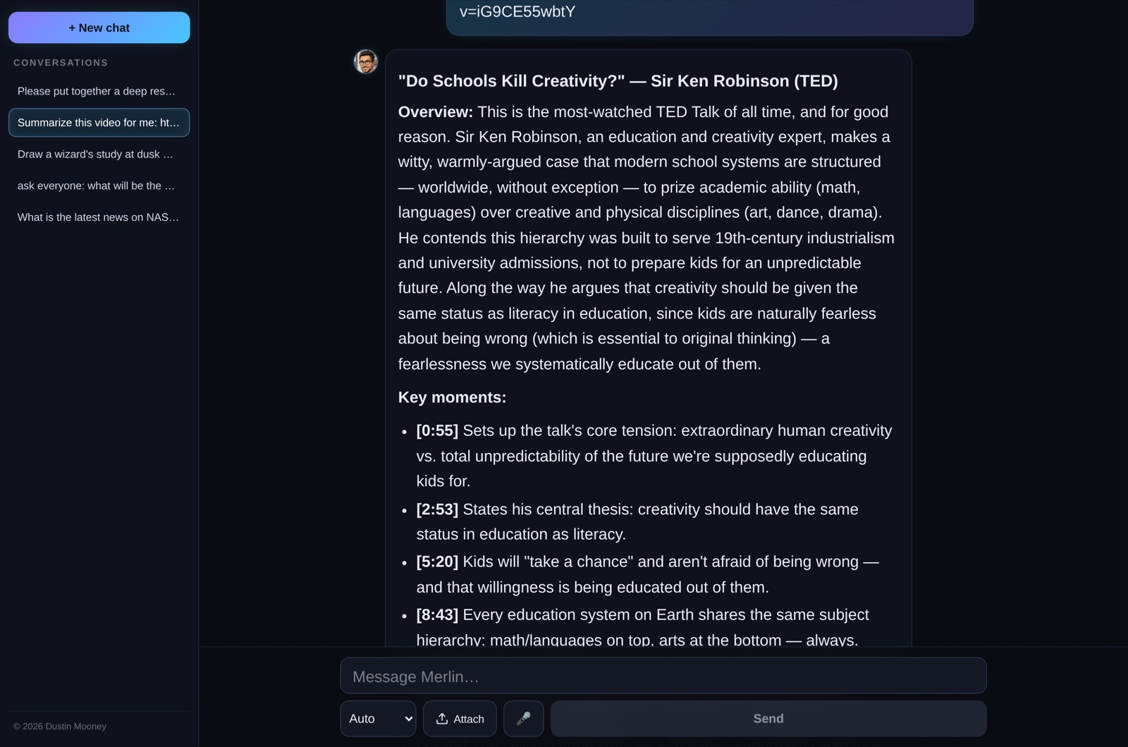 Merlin summarizing a YouTube video with a time-stamped outline